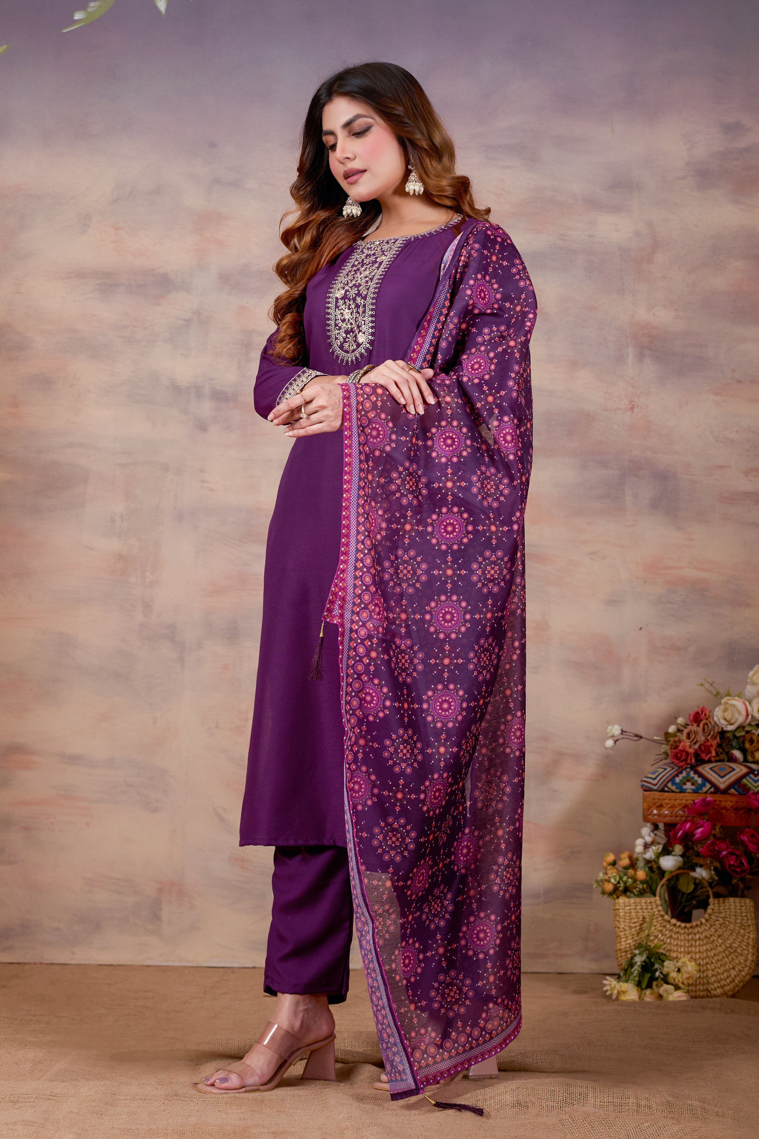 Women Ethnic Embroidered Thread Work Kurta with Trousers & Dupatta.