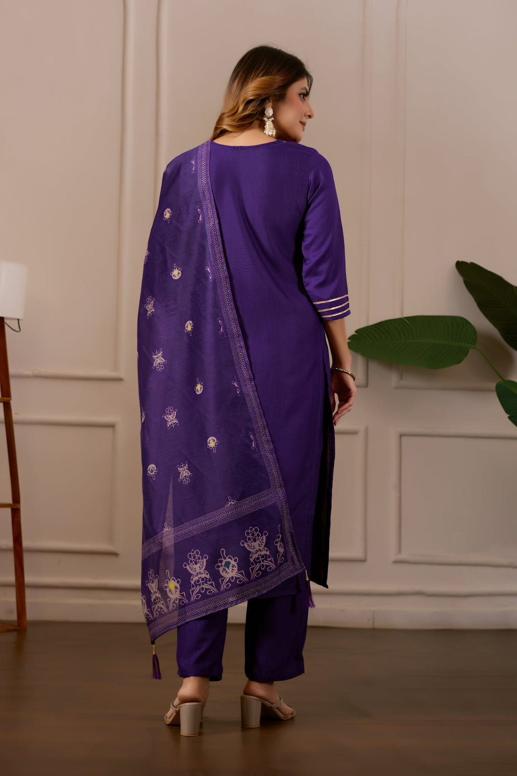 Purple Embroidered Straight Kurta with Trousers & Dupatta