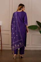 Purple Embroidered Straight Kurta with Trousers & Dupatta