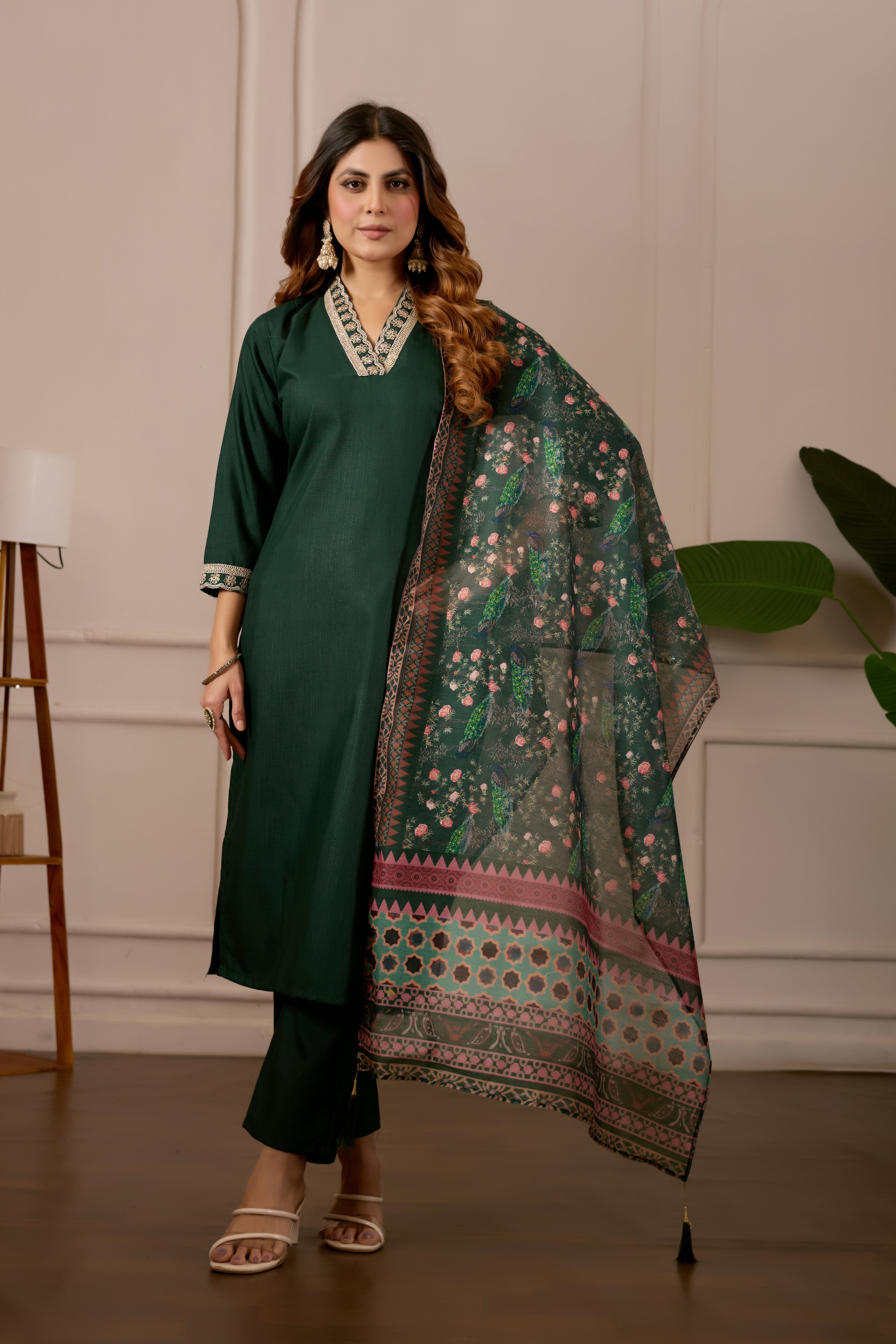 Women's Embroidered Kurta Set with Printed Dupatta, 3 Piece Suit