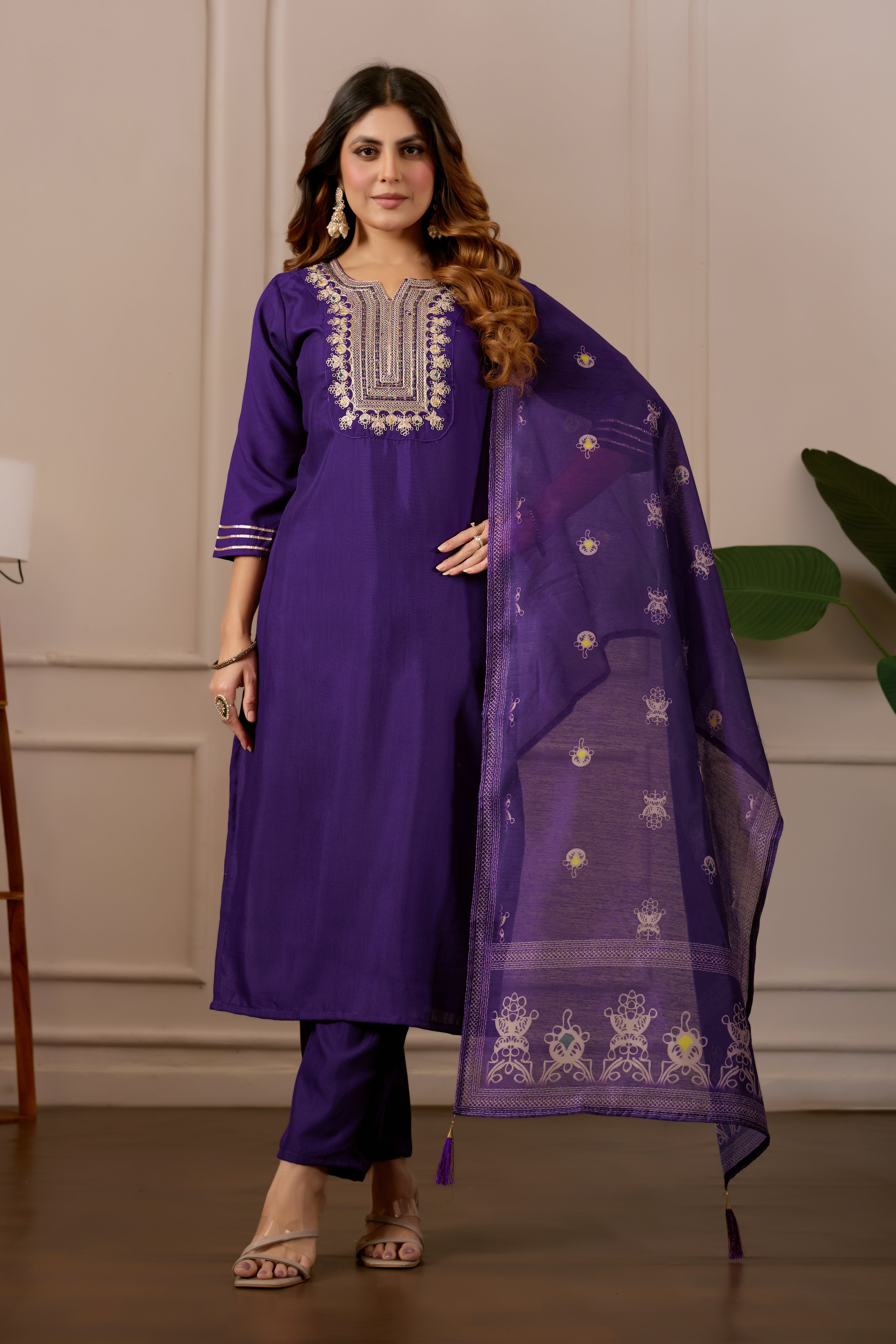 Purple Embroidered Straight Kurta with Trousers & Dupatta