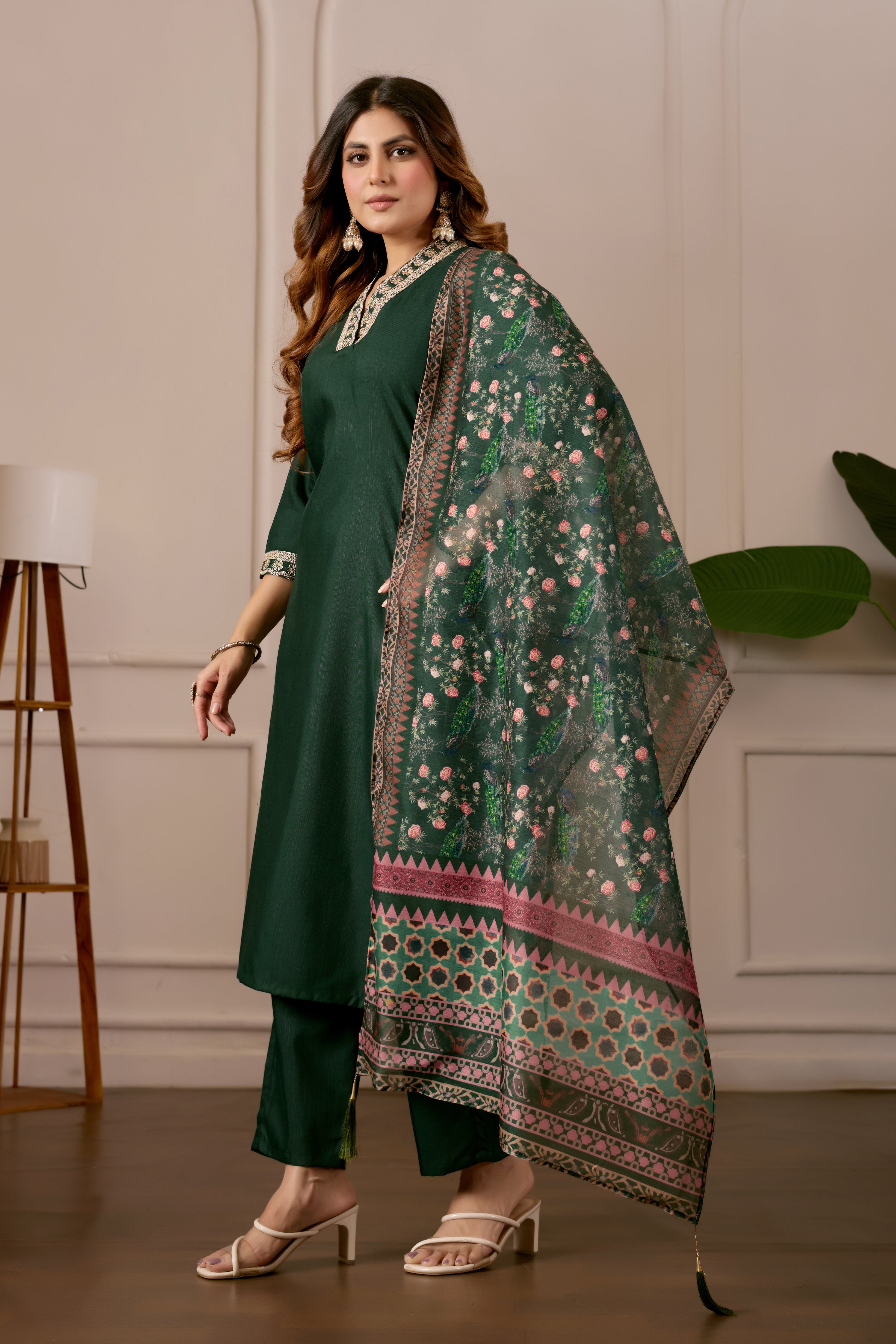 Women's Embroidered Kurta Set with Printed Dupatta, 3 Piece Suit