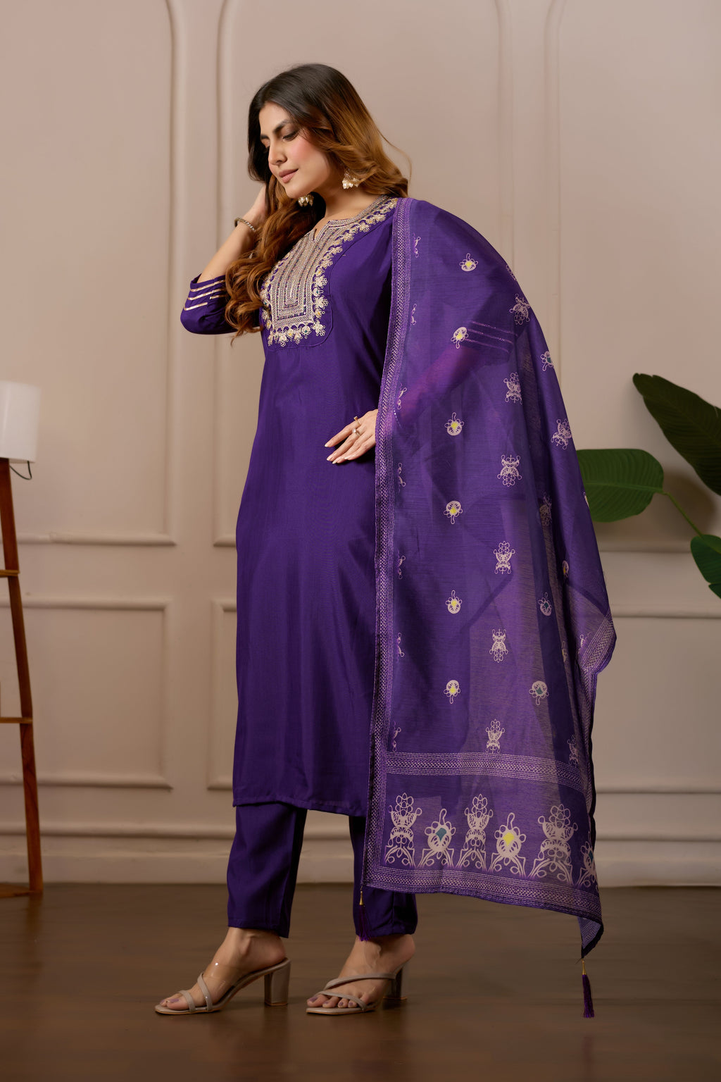 Purple Embroidered Straight Kurta with Trousers & Dupatta