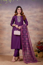 Women Ethnic Embroidered Thread Work Kurta with Trousers & Dupatta.