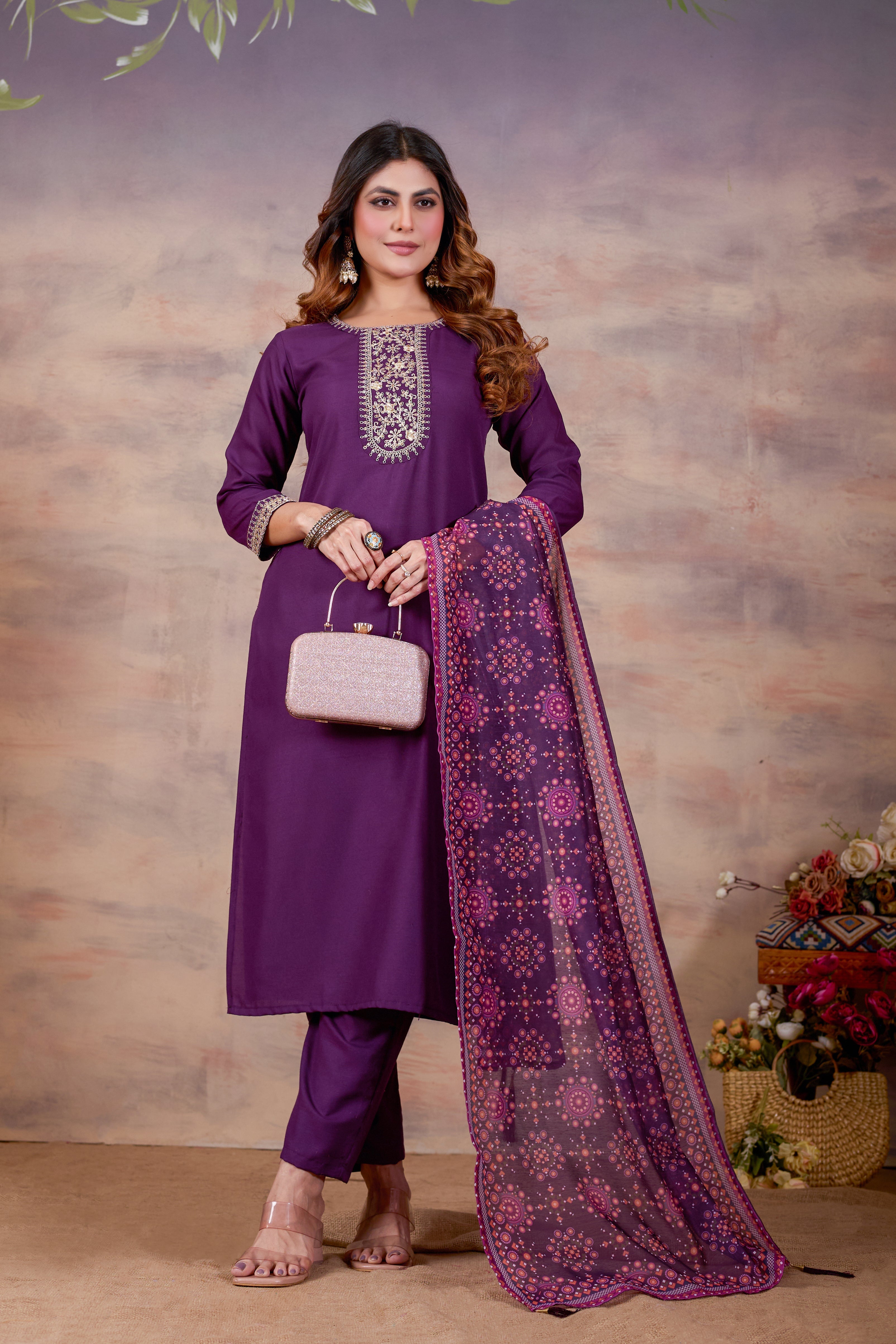 Women Ethnic Embroidered Thread Work Kurta with Trousers & Dupatta.