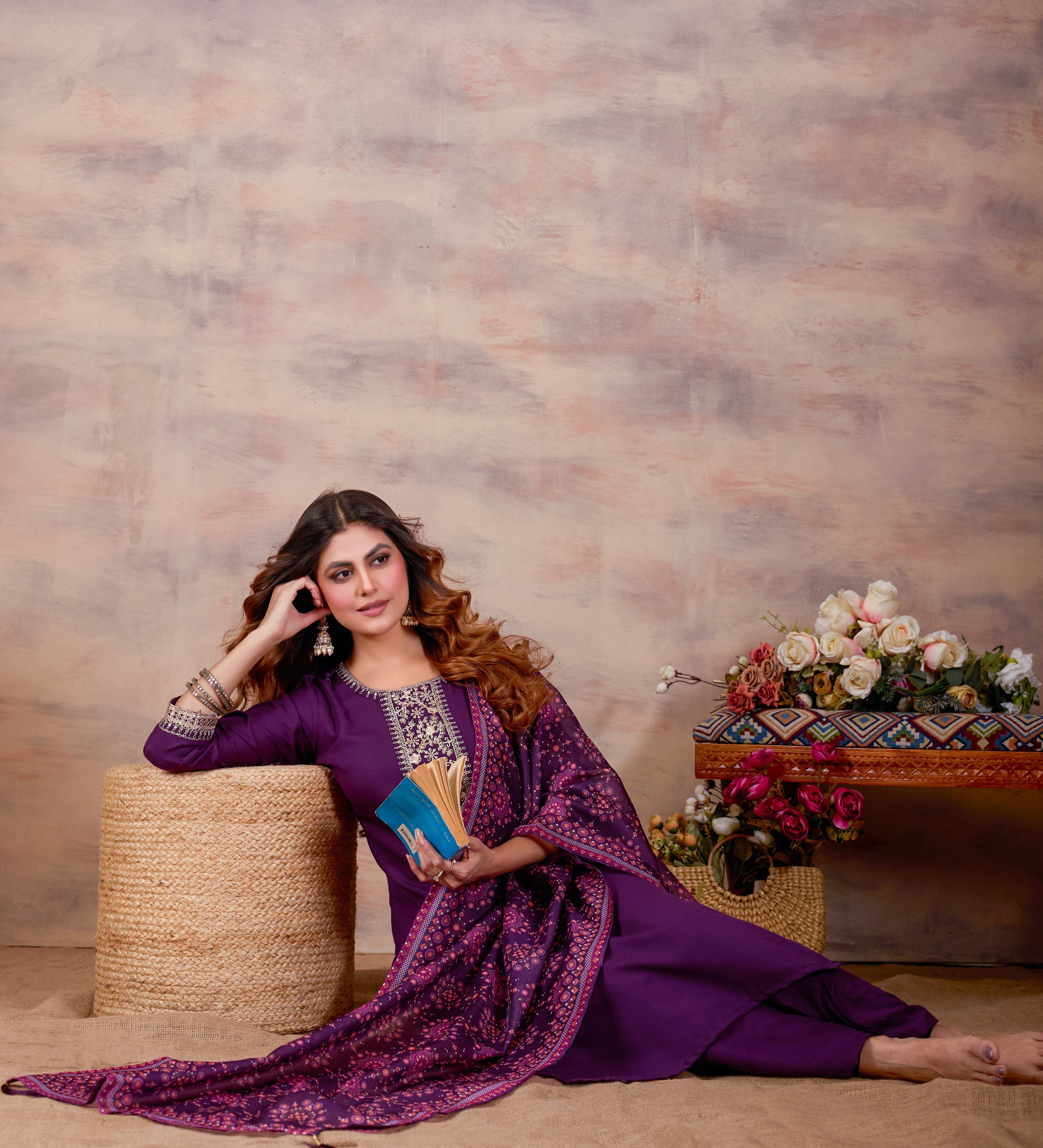 Women Ethnic Embroidered Thread Work Kurta with Trousers & Dupatta.