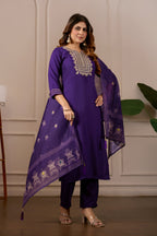Purple Embroidered Straight Kurta with Trousers & Dupatta