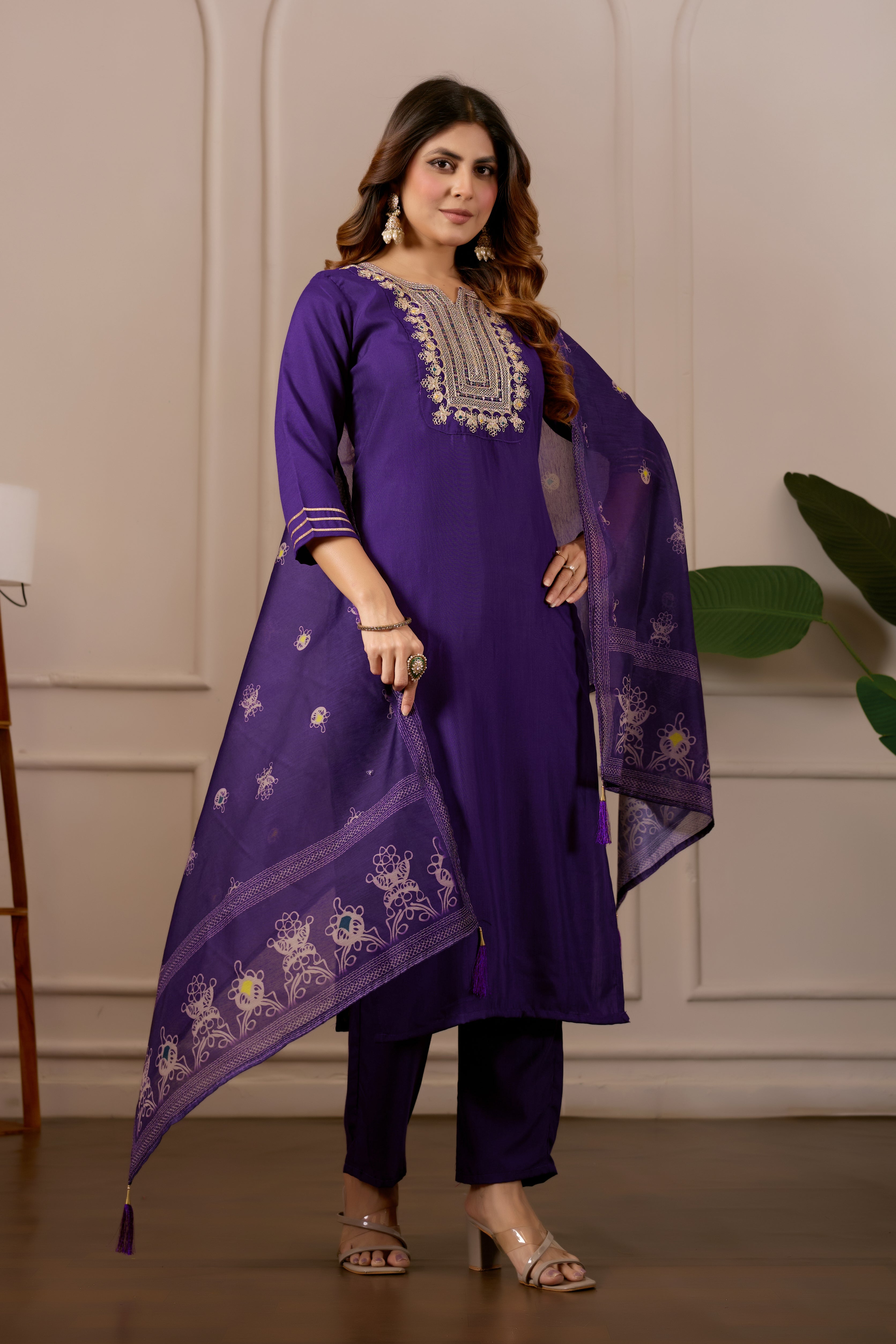 Purple Embroidered Straight Kurta with Trousers & Dupatta
