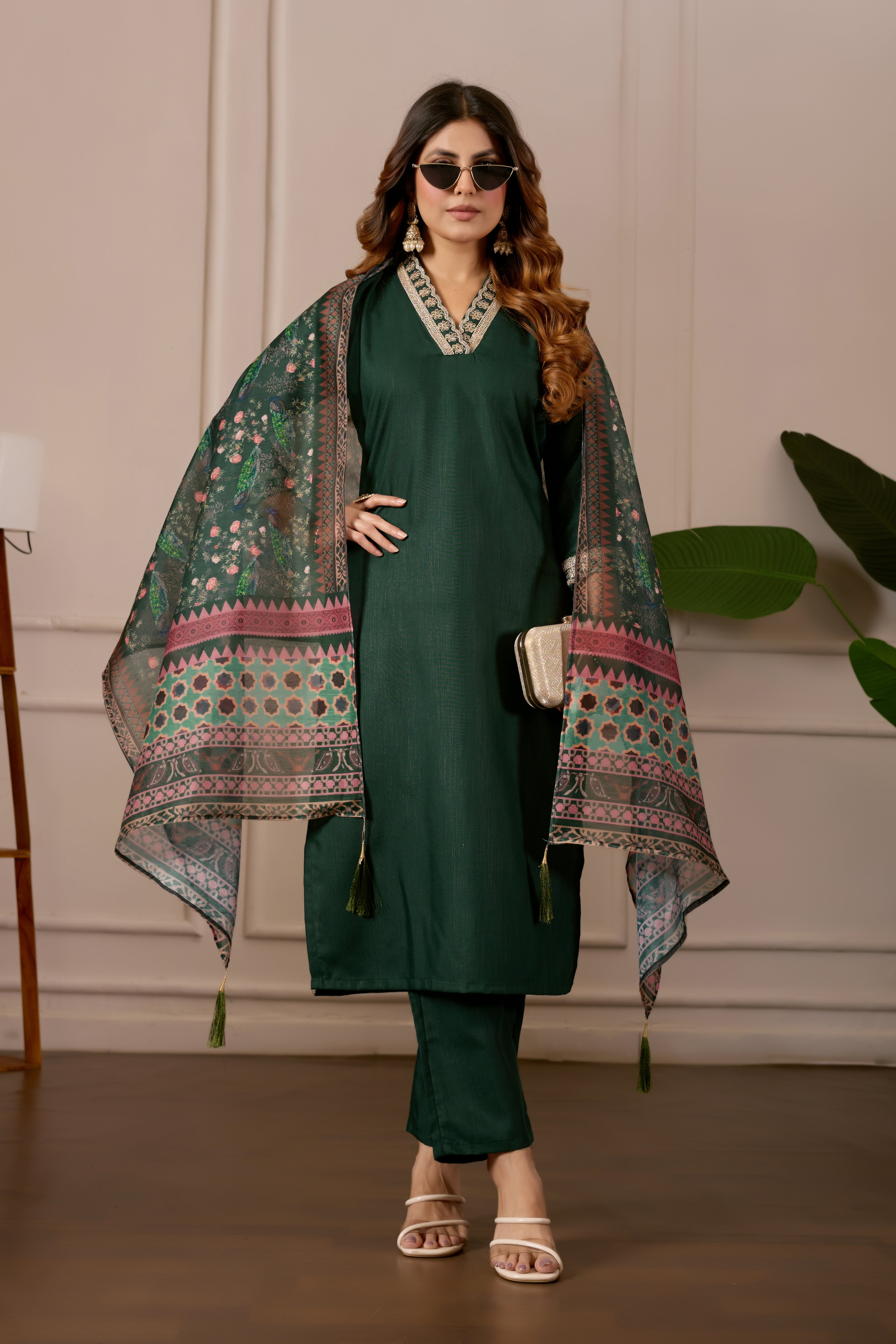 Women's Embroidered Kurta Set with Printed Dupatta, 3 Piece Suit