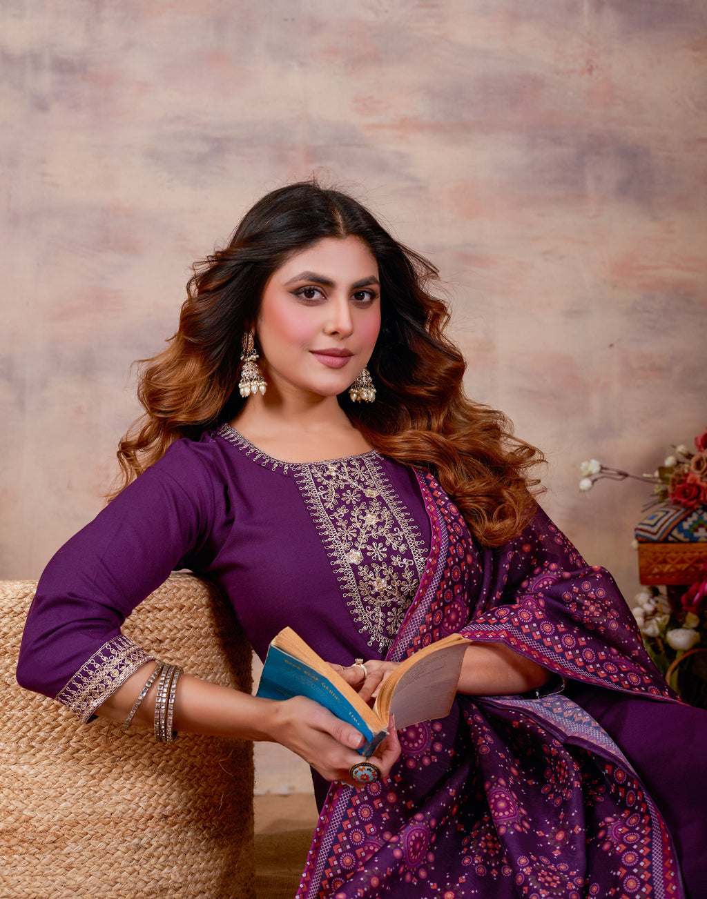 Women Ethnic Embroidered Thread Work Kurta with Trousers & Dupatta.