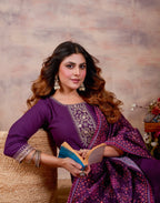 Women Ethnic Embroidered Thread Work Kurta with Trousers & Dupatta.