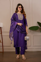 Purple Embroidered Straight Kurta with Trousers & Dupatta