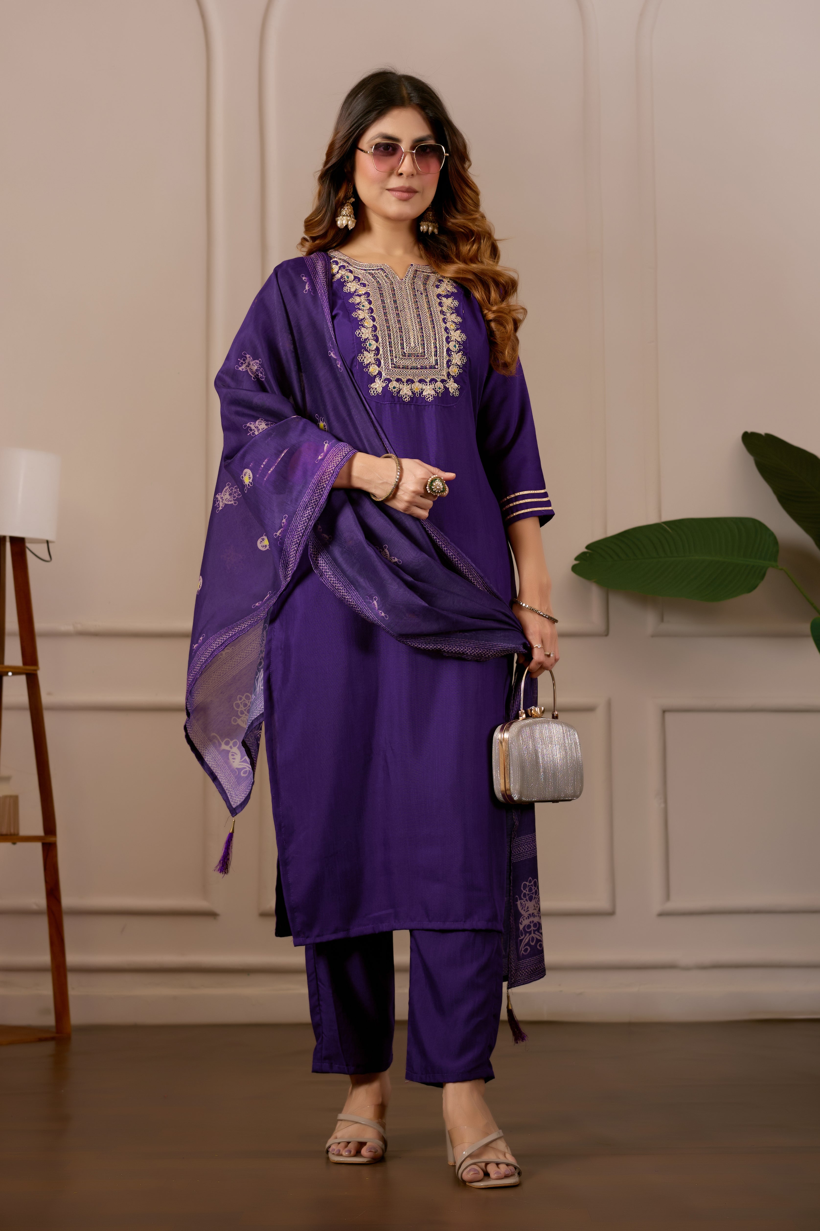 Purple Embroidered Straight Kurta with Trousers & Dupatta