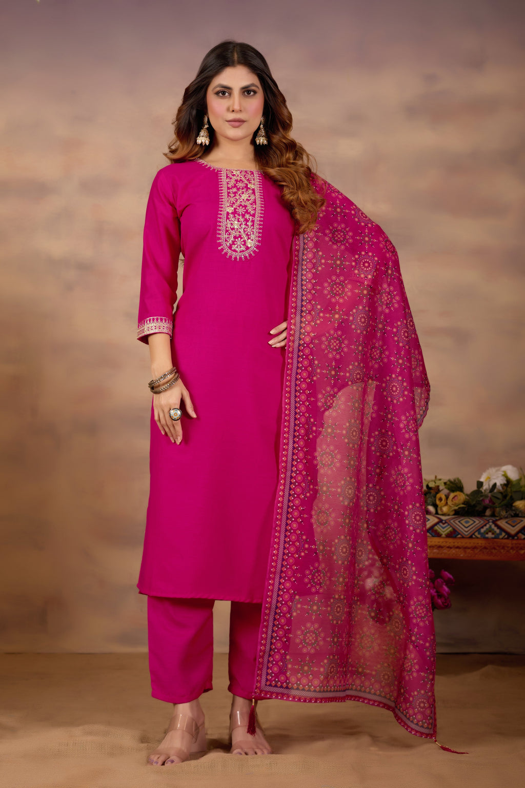 Women Ethnic Embroidered Thread Work Kurta with Trousers & Dupatta.