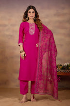 Women Ethnic Embroidered Thread Work Kurta with Trousers & Dupatta.