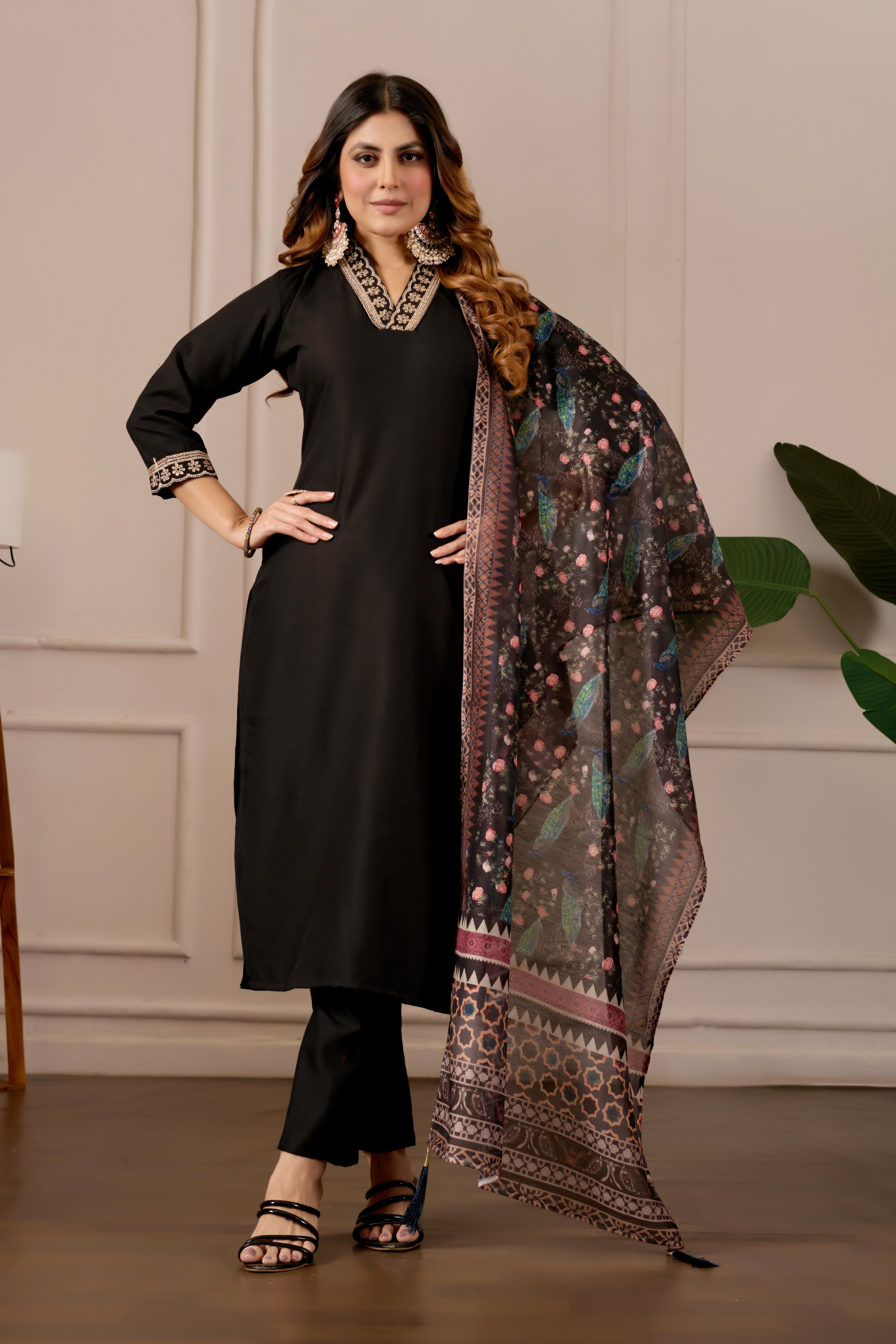 Women's Embroidered Kurta Set with Printed Dupatta, 3 Piece Suit