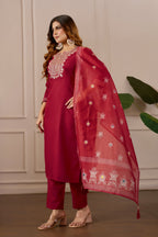 Red Embroidered Straight Kurta with Trousers & Dupatta