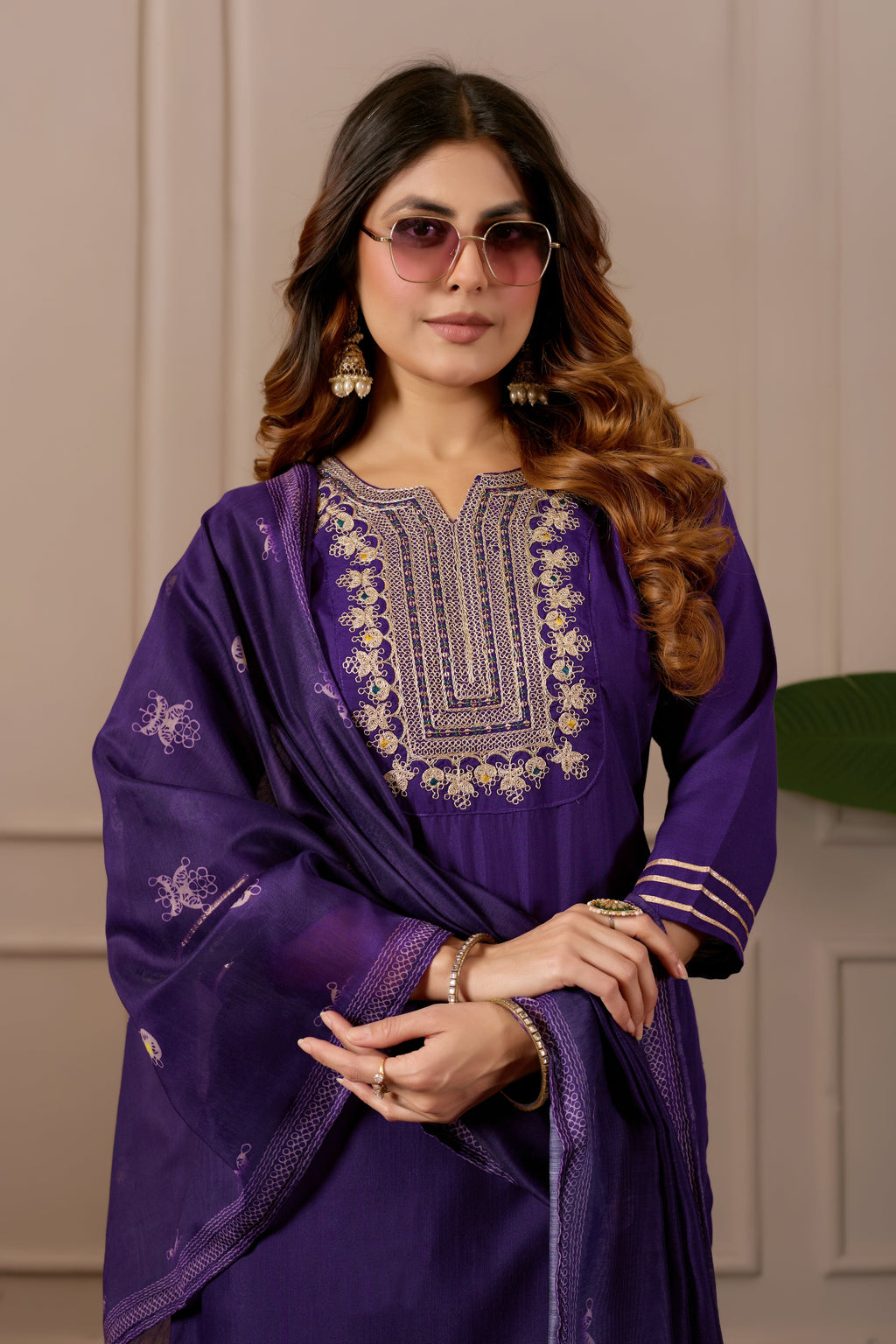 Purple Embroidered Straight Kurta with Trousers & Dupatta