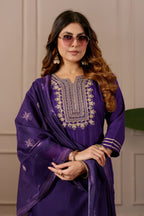 Purple Embroidered Straight Kurta with Trousers & Dupatta
