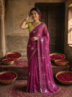 Magenta Purple Georgette Embroidered Saree with Floral Sequin Work & Contrast Lime Green Blouse