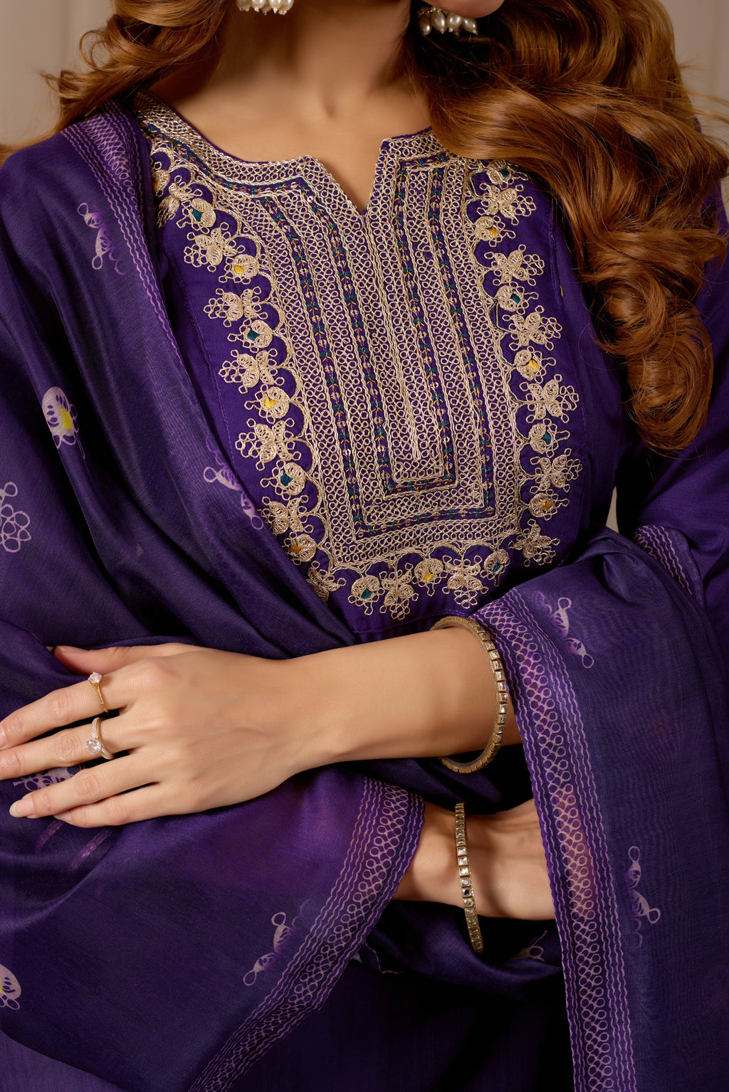 Purple Embroidered Straight Kurta with Trousers & Dupatta