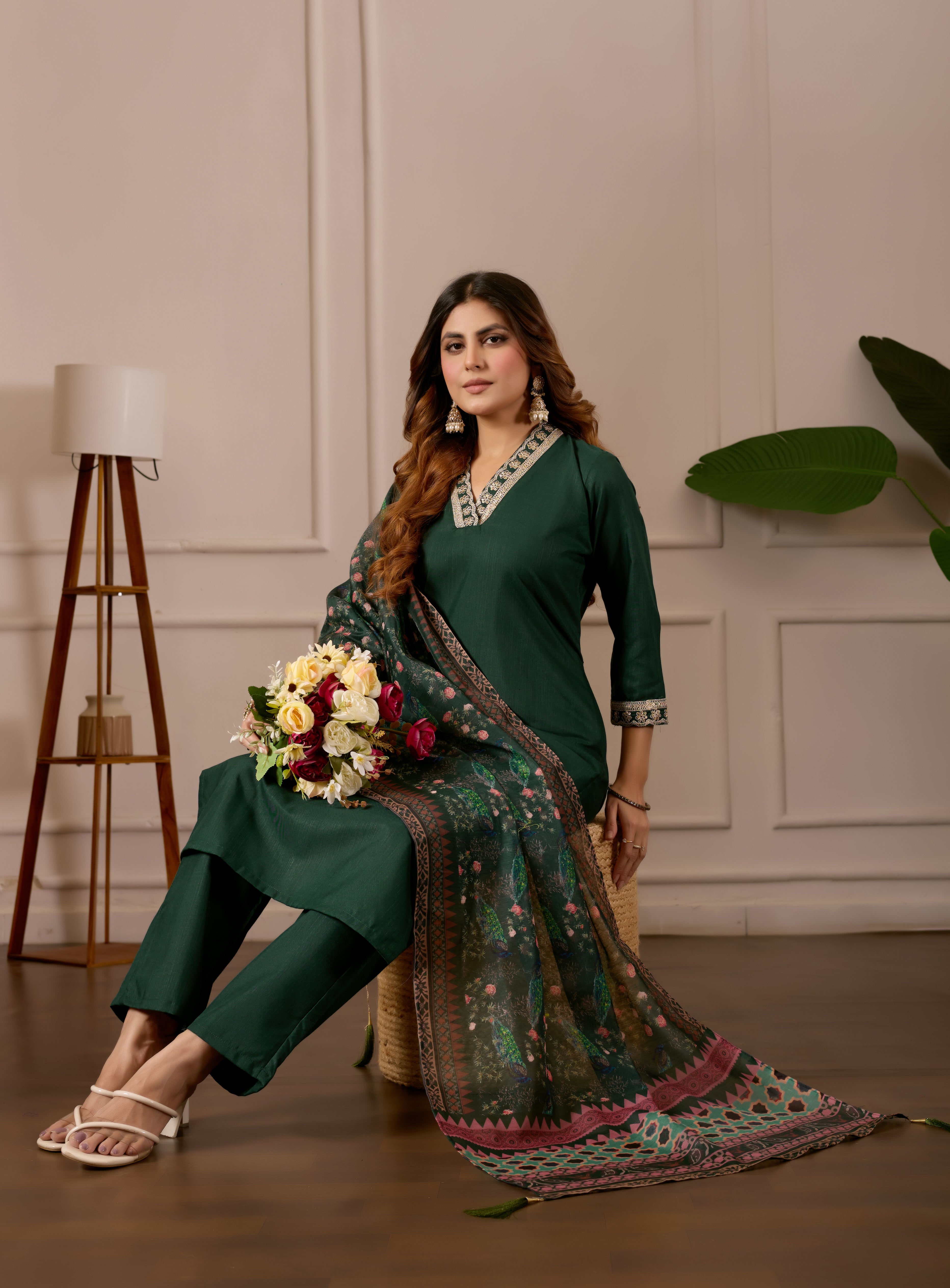 Women's Embroidered Kurta Set with Printed Dupatta, 3 Piece Suit