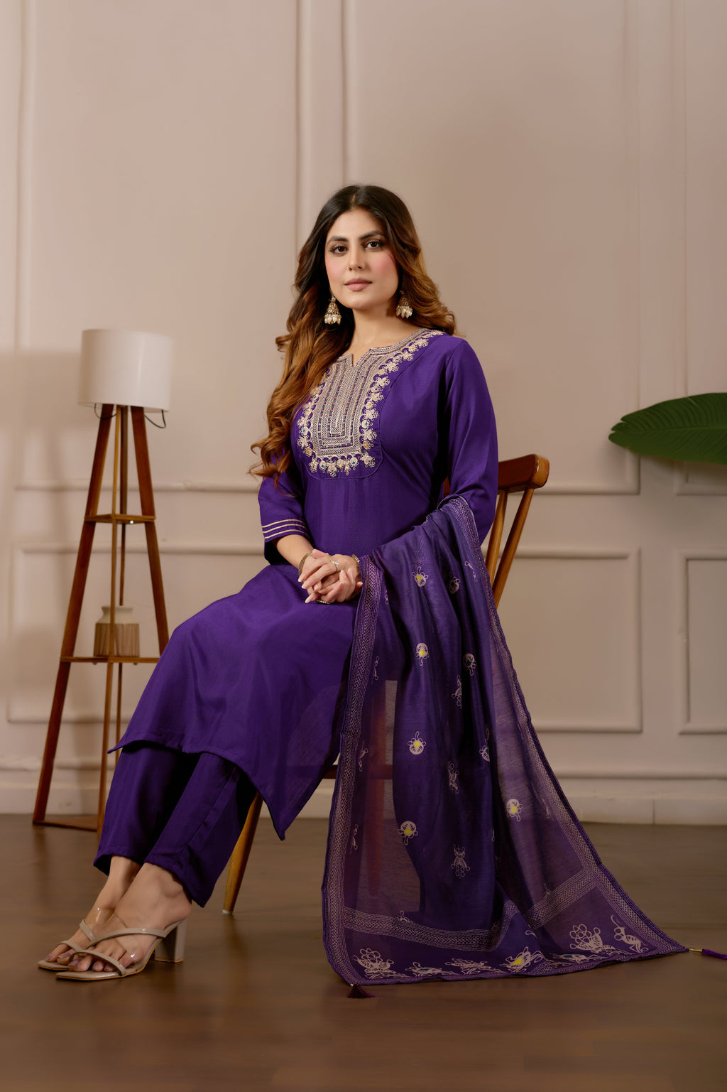 Purple Embroidered Straight Kurta with Trousers & Dupatta