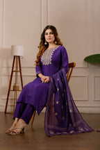 Purple Embroidered Straight Kurta with Trousers & Dupatta