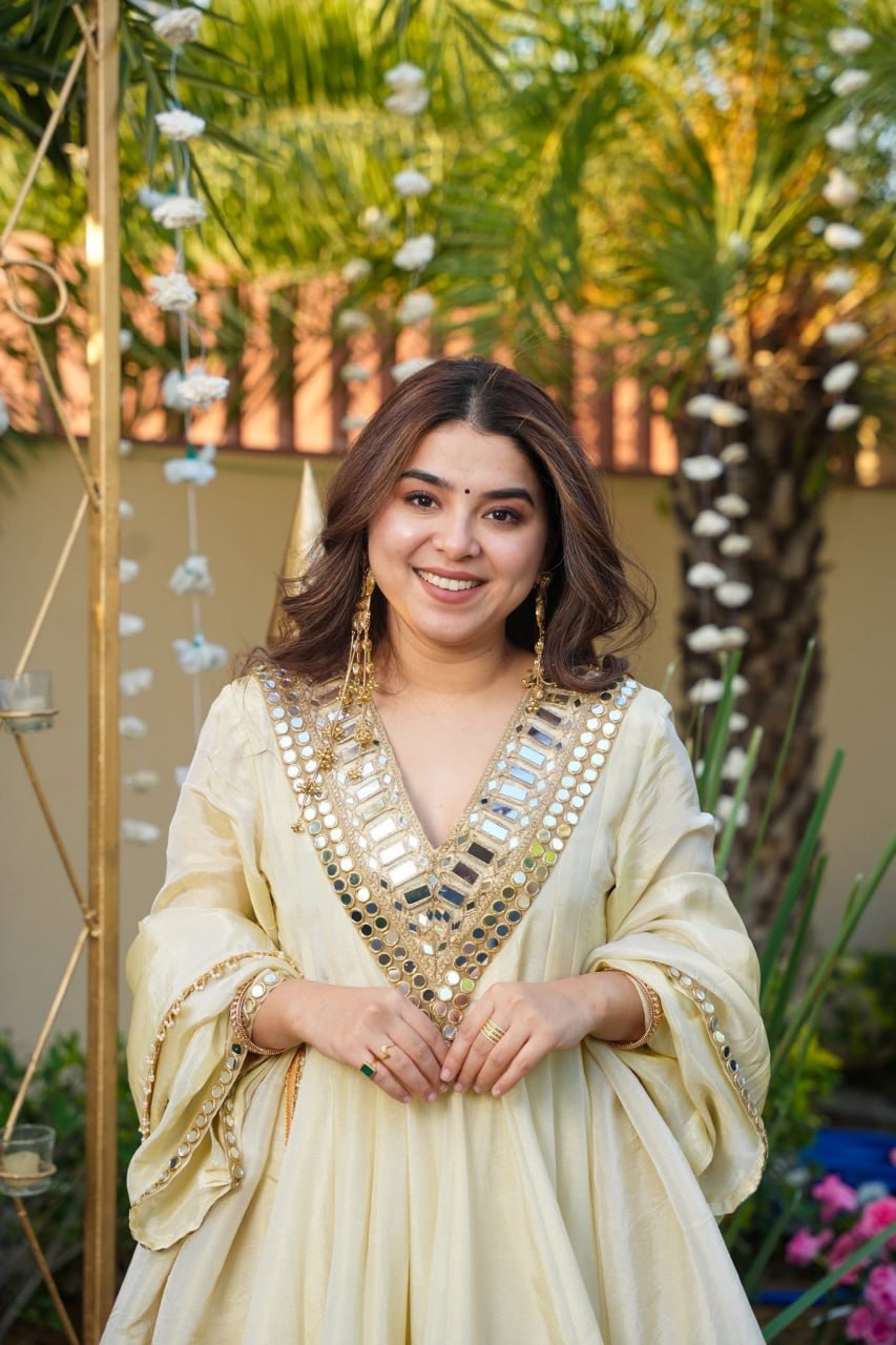 Cream Palazzo Pair With Real Mirror And Embroidery Work For Women