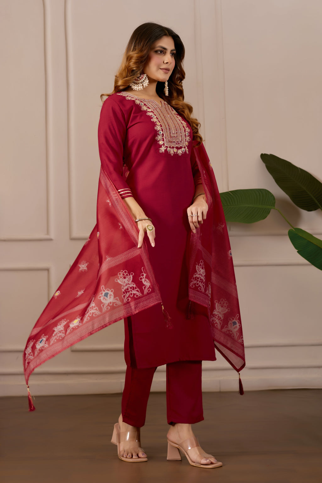 Red Embroidered Straight Kurta with Trousers & Dupatta