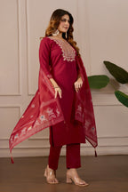 Red Embroidered Straight Kurta with Trousers & Dupatta