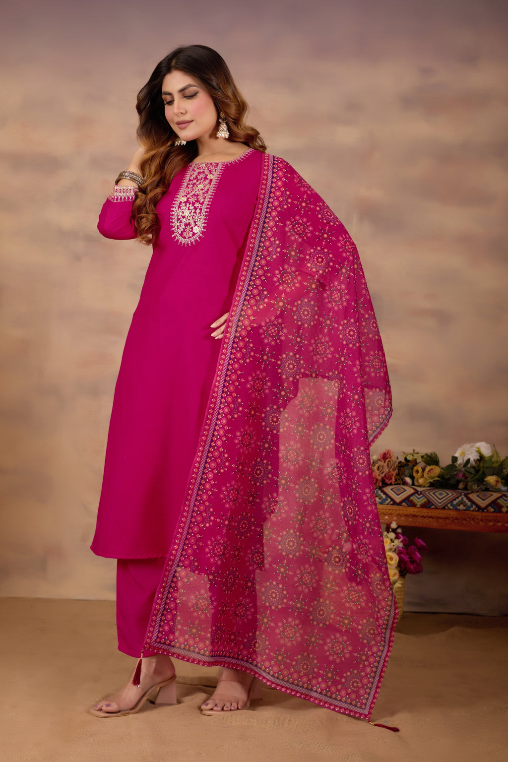 Women Ethnic Embroidered Thread Work Kurta with Trousers & Dupatta.
