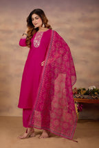 Women Ethnic Embroidered Thread Work Kurta with Trousers & Dupatta.