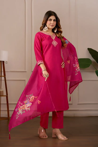 Women Embroidered Regular Pure Cotton Kurti with Pyjamas With Dupatta