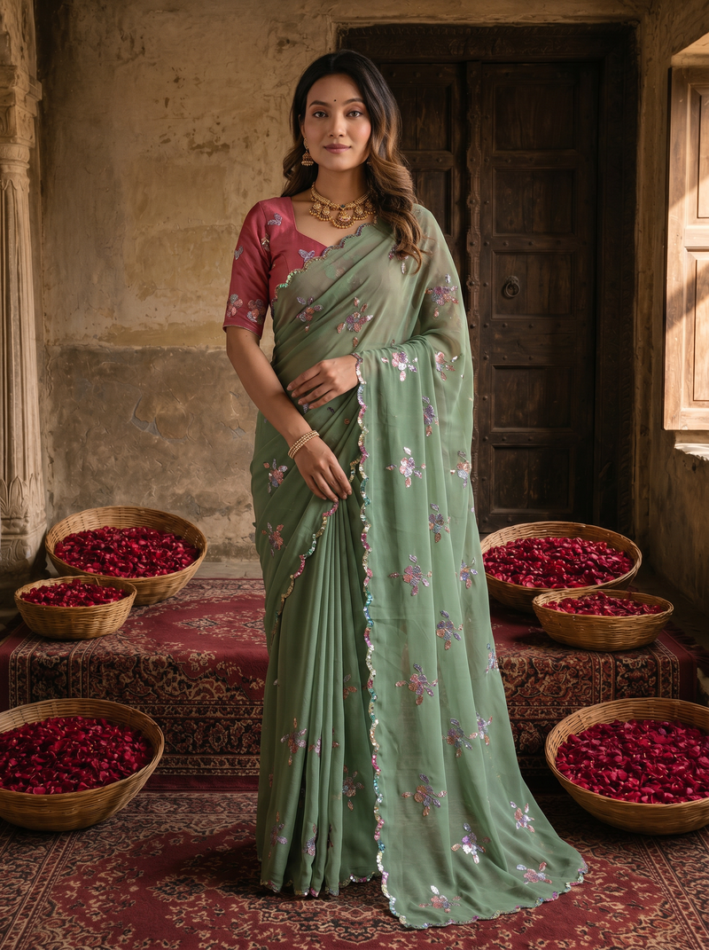 Sage Green Georgette Embroidered Saree with Floral Sequin Work & Designer Blouse