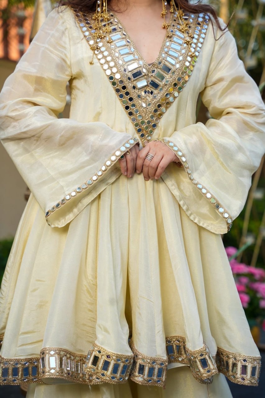 Cream Palazzo Pair With Real Mirror And Embroidery Work For Women