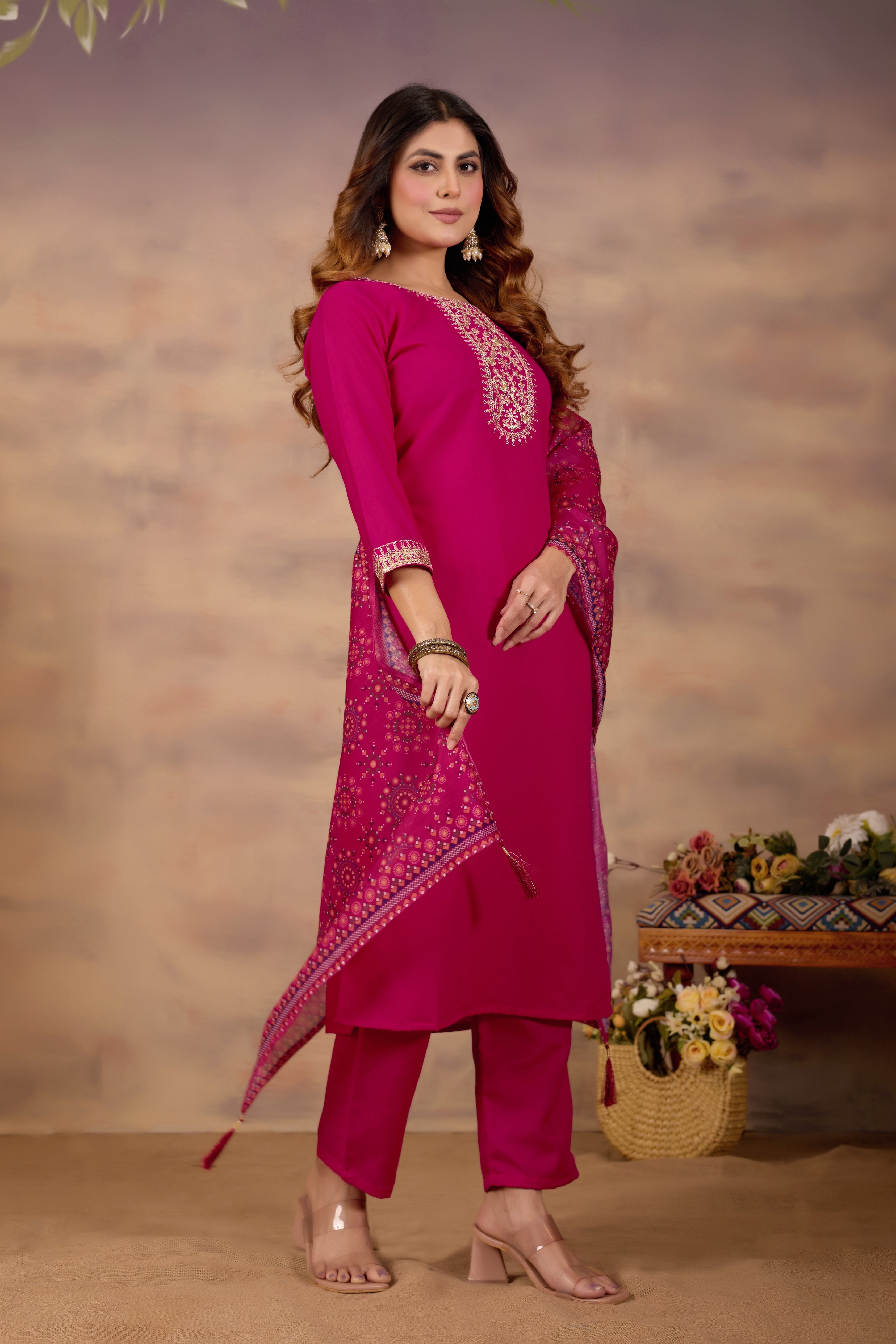 Women Ethnic Embroidered Thread Work Kurta with Trousers & Dupatta.