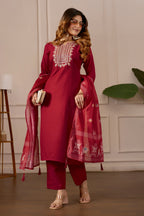 Red Embroidered Straight Kurta with Trousers & Dupatta