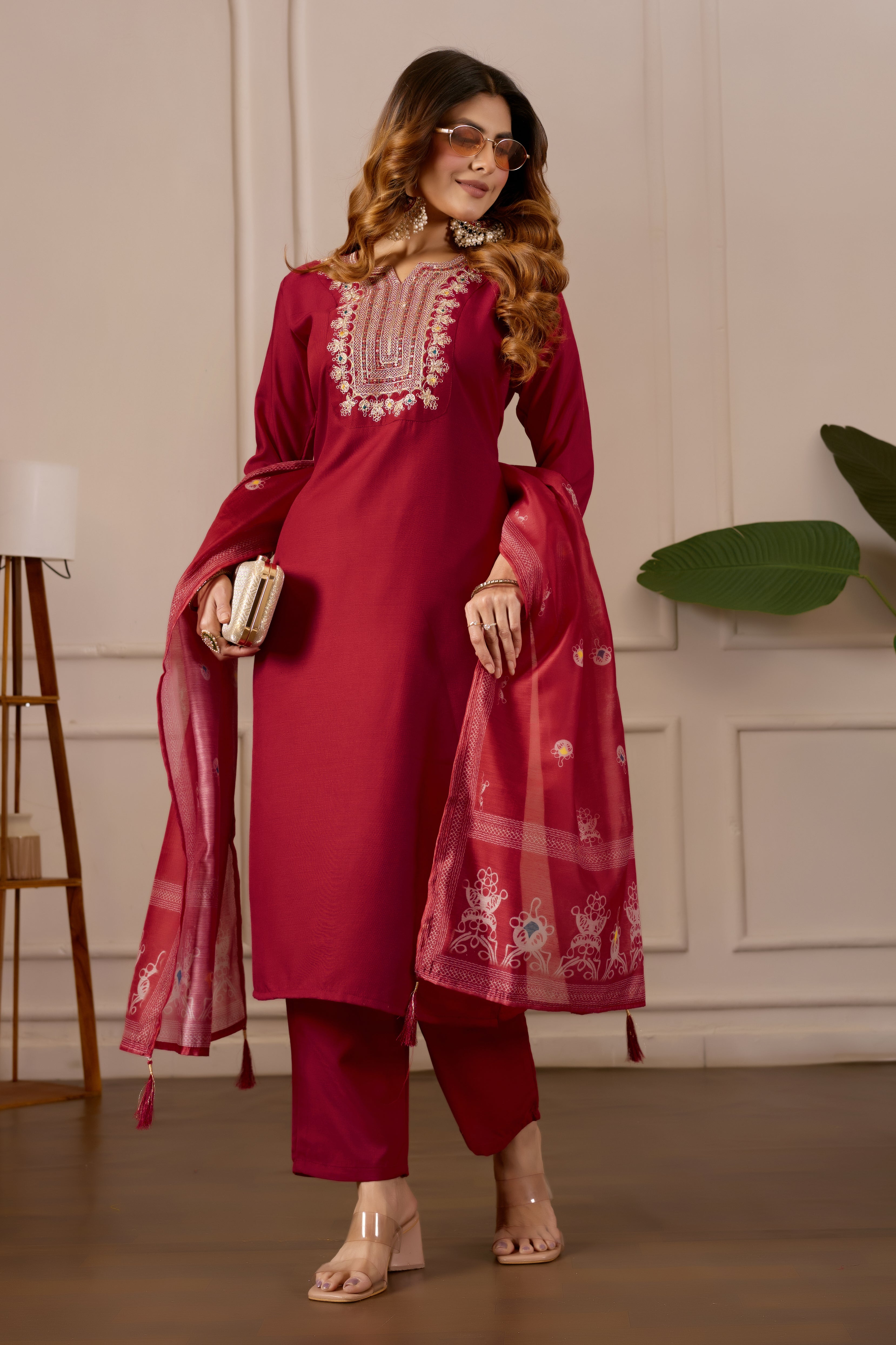 Red Embroidered Straight Kurta with Trousers & Dupatta