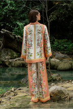 Floral printed Cotton Slub Co-ord Set with a V-neck tunic and matching wide-leg trousers