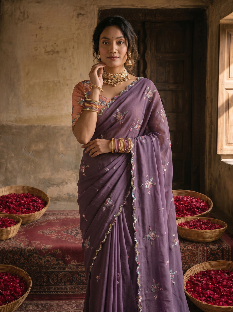 Dusty Lavender Georgette Embroidered Saree with Floral Sequin Work & Peach Designer Blouse