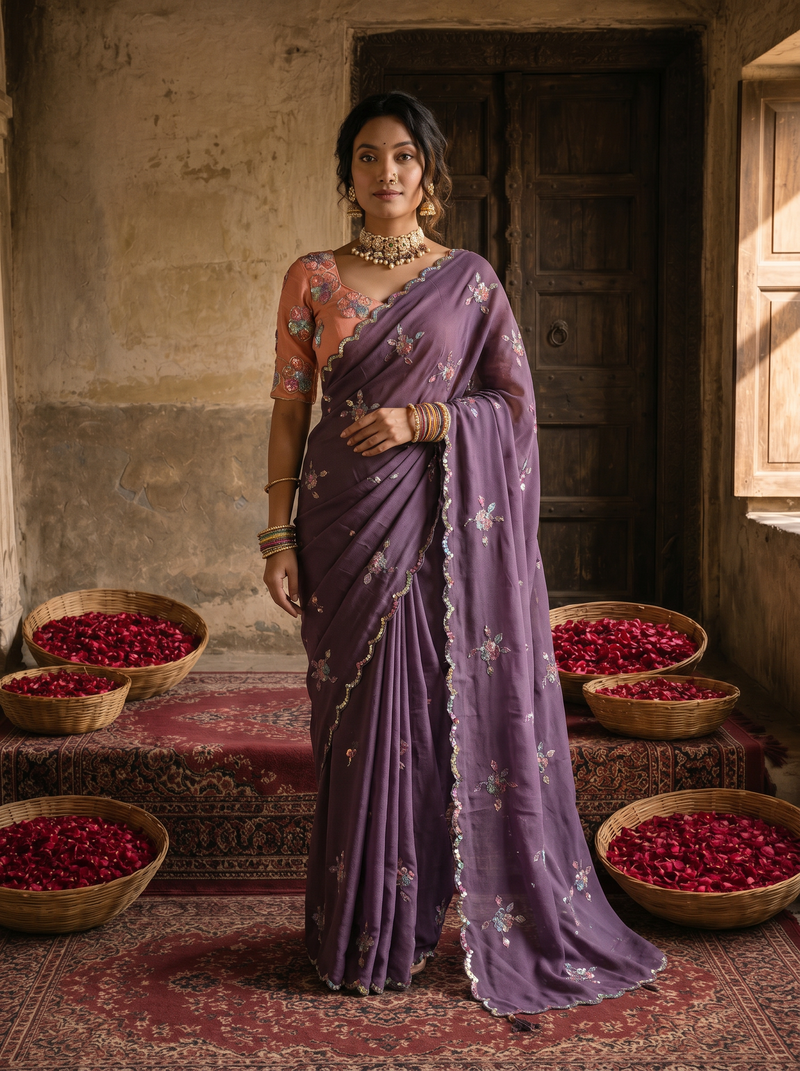 Dusty Lavender Georgette Embroidered Saree with Floral Sequin Work & Peach Designer Blouse