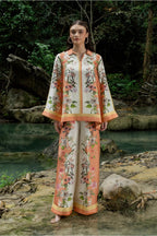 Floral printed Cotton Slub Co-ord Set with a V-neck tunic and matching wide-leg trousers