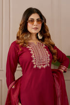 Red Embroidered Straight Kurta with Trousers & Dupatta
