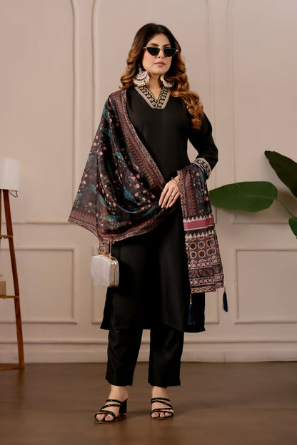 Women's Embroidered Kurta Set with Printed Dupatta, 3 Piece Suit