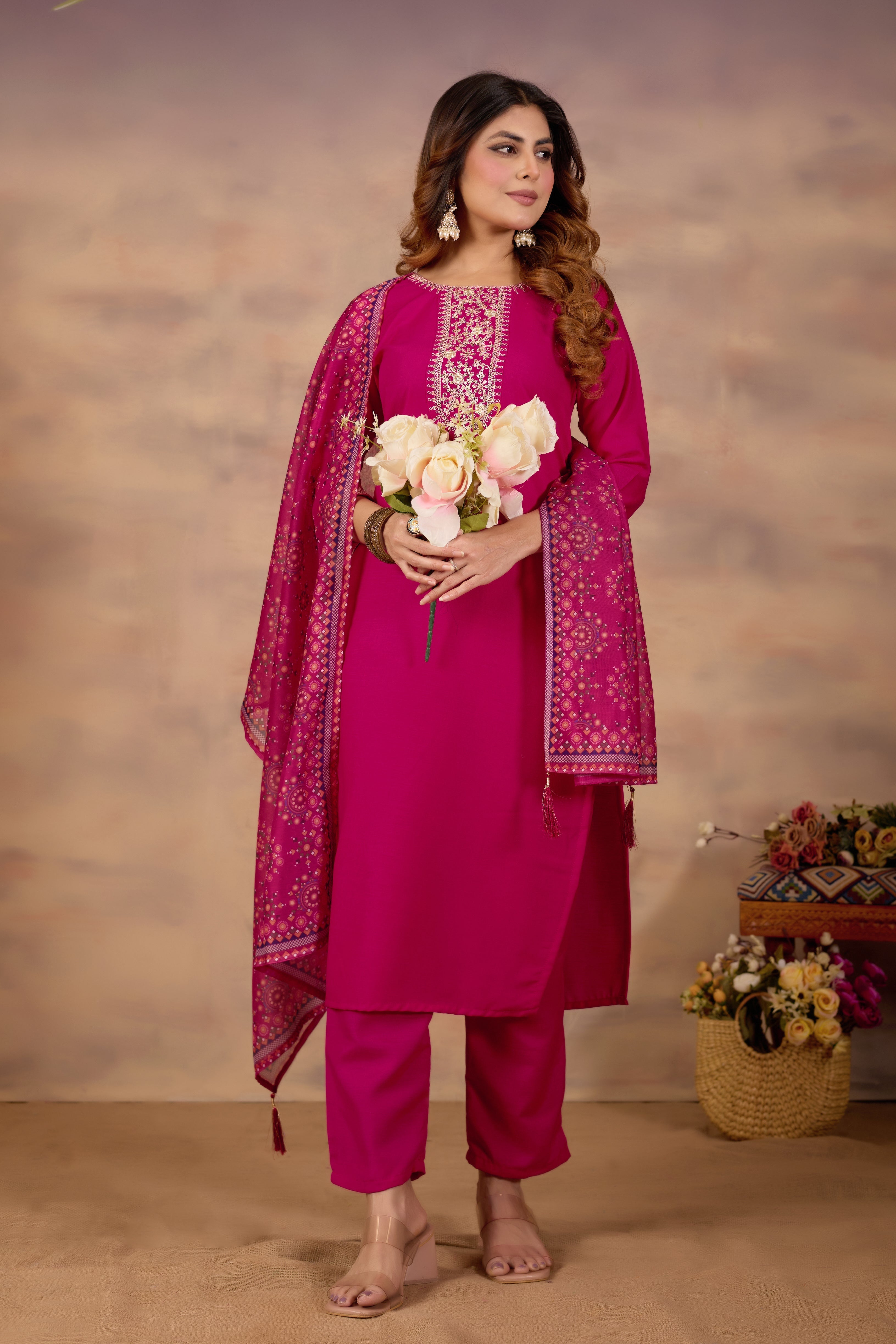Women Ethnic Embroidered Thread Work Kurta with Trousers & Dupatta.