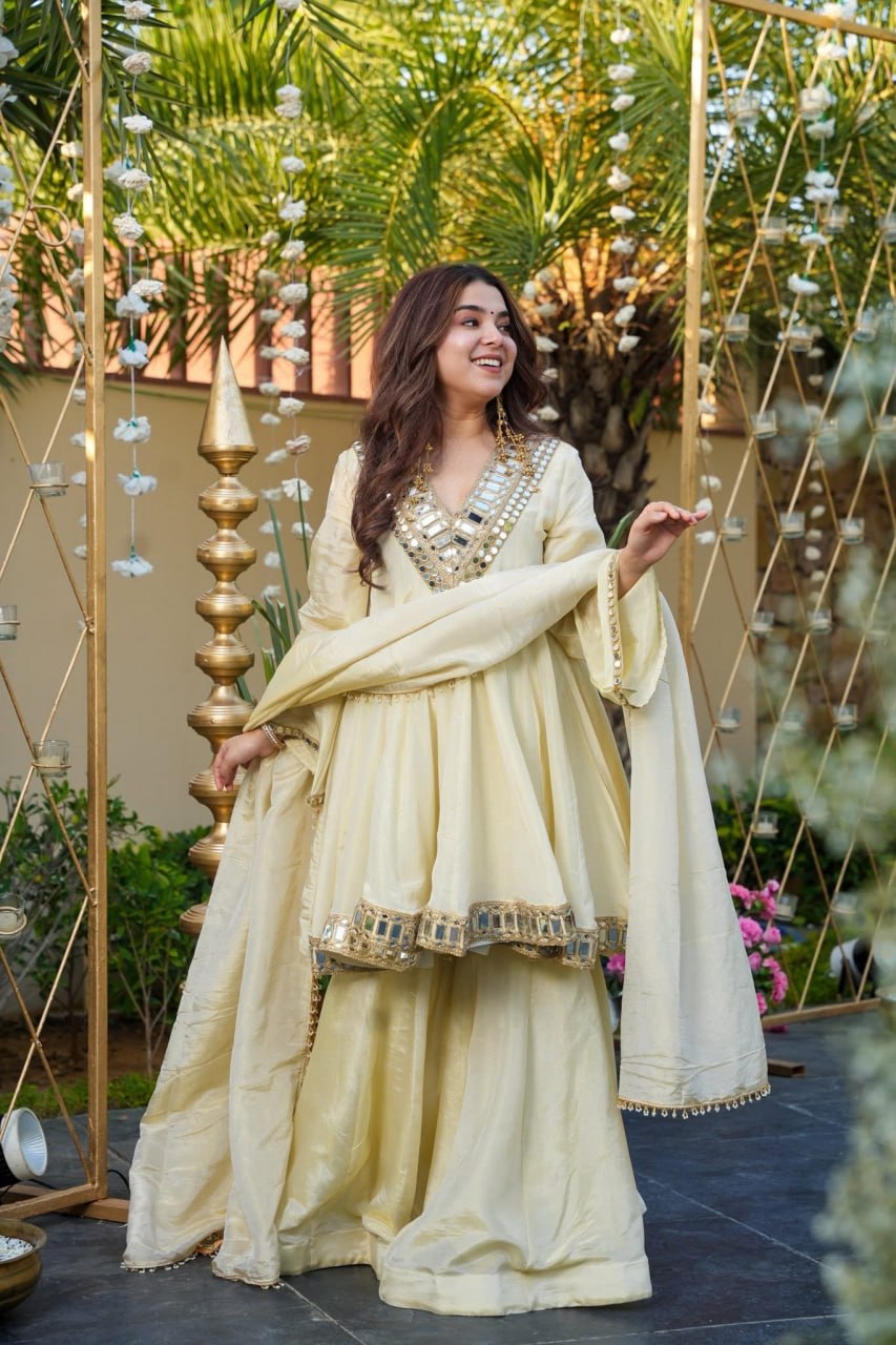 Cream Palazzo Pair With Real Mirror And Embroidery Work For Women