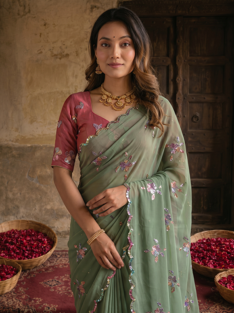 Sage Green Georgette Embroidered Saree with Floral Sequin Work & Designer Blouse