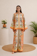 Floral printed Cotton Slub Co-ord Set with a V-neck tunic and matching wide-leg trousers