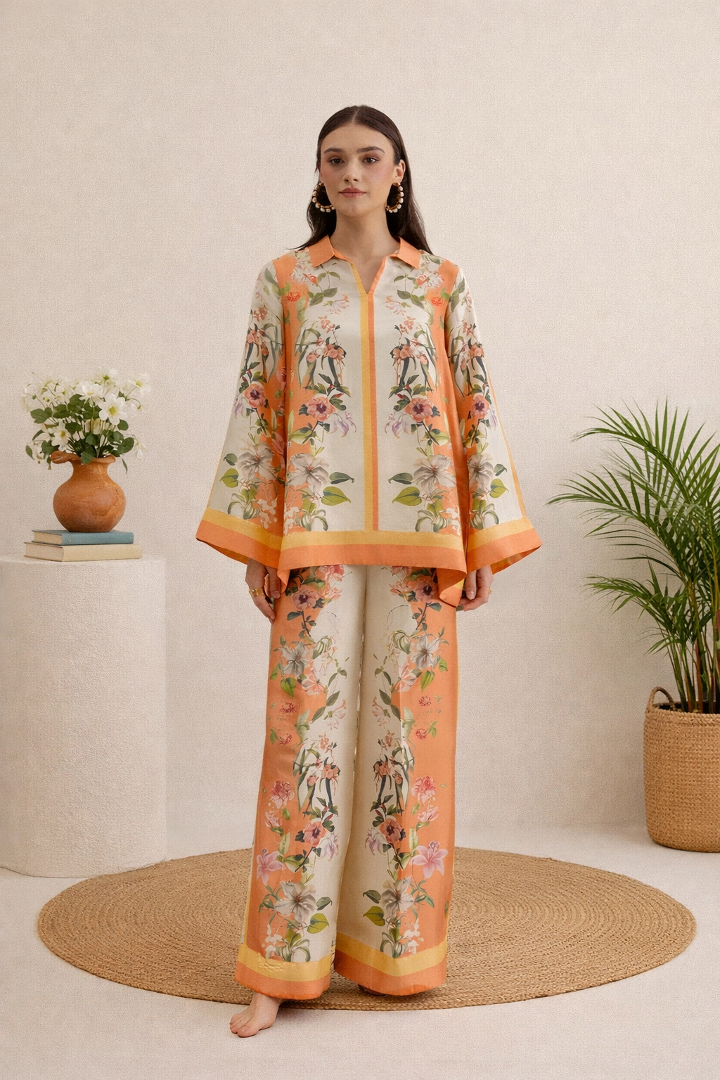 Floral printed Cotton Slub Co-ord Set with a V-neck tunic and matching wide-leg trousers